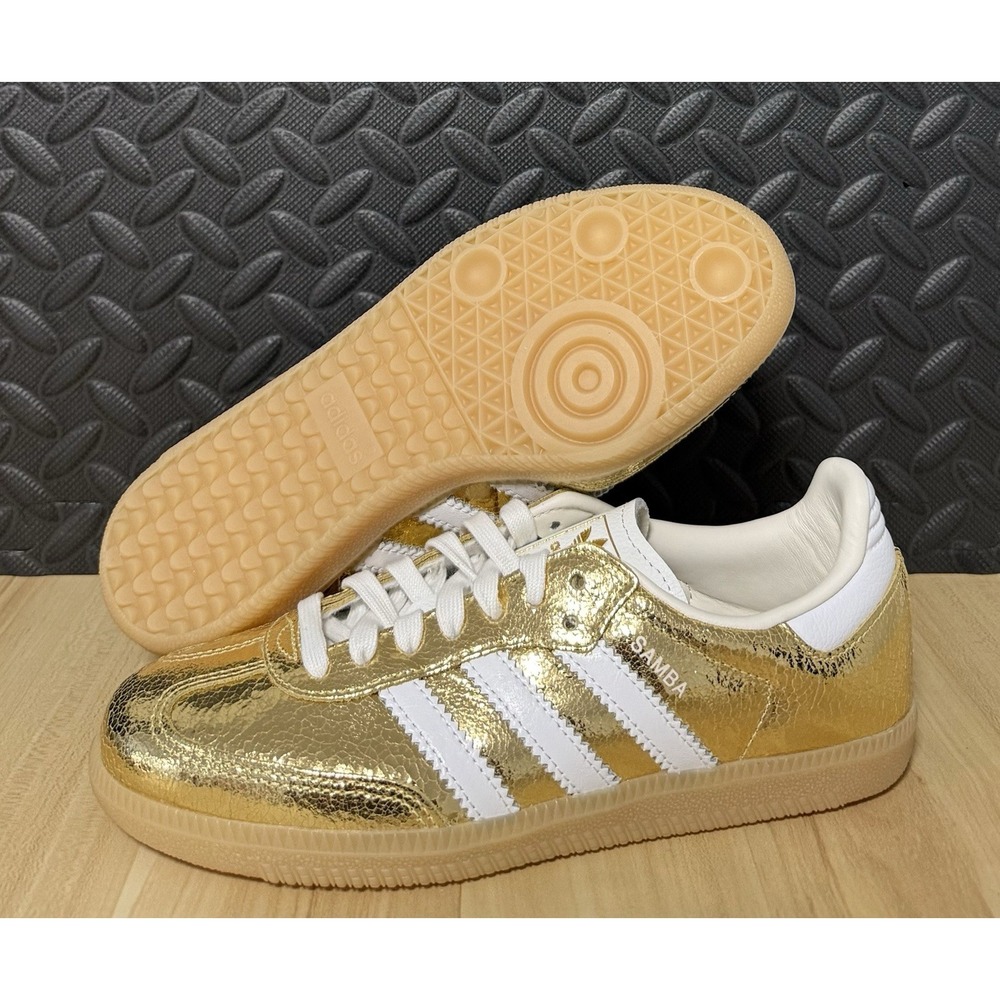 Adidas Samba OG Gold Metallic Cracked Leather Sneakers KI5719 Womens Size 5.5